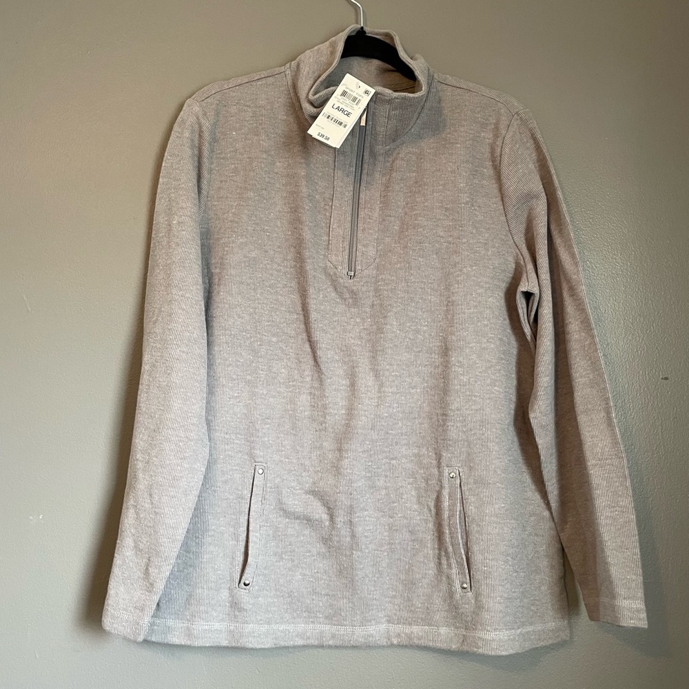 NWT Karen Scott Sport Large Grey Burgundy Zip Up Collared Sweater Jacket Ret $39